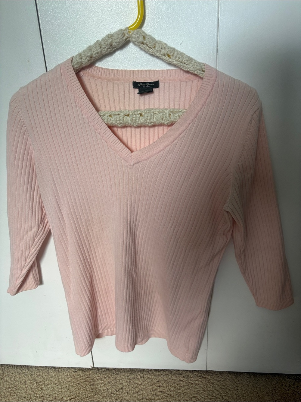 Eddie Bauer Pastel Pink Ribbed V-Neck Long Sleeve Top